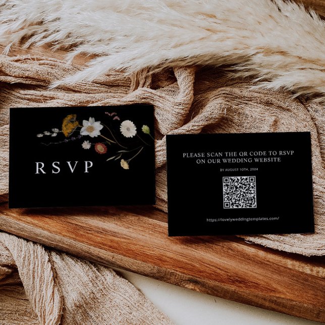 Boho Black Wildblume Wedding RSVP QR Code Card Mitteilungskarte (Von Creator hochgeladen)