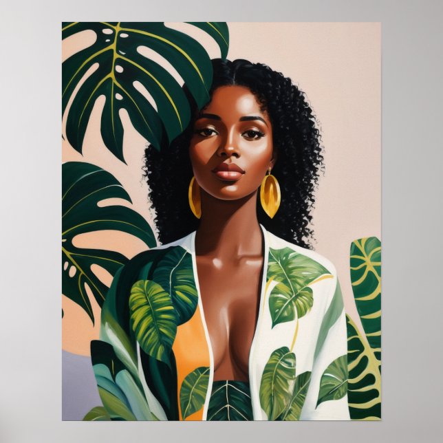 Boho Black Woman Botanical Portrait Poster (Vorne)