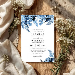 Boho-Blau-Blumen Elegante Moderne QR-Code-Hochzeit Einladung