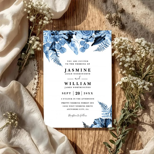 Boho-Blau-Blumen Elegante Moderne QR-Code-Hochzeit Einladung (Von Creator hochgeladen)