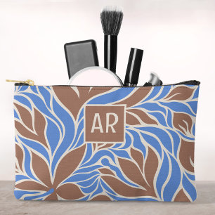 Boho Blau & Braun Modernes Blumenmuster Monogramm Zubehörtasche