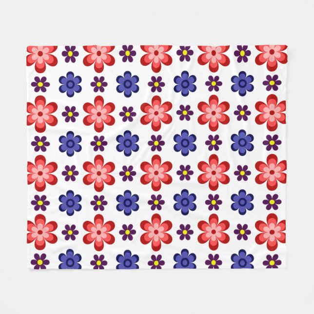 Boho Blau Lila Rote Blumen Mittlerer Fleece-Decke Fleecedecke (Vorderseite (Horizontal))