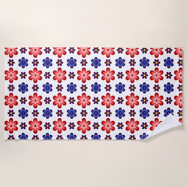 Boho Blau Lila Rote Blumen Strandtuch (Vorderseite)