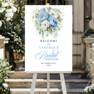 Boho Blau und Gold Blumen Hochzeit Begrüßung Poster