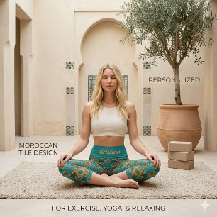 Boho Blau und Gold marokkanische Fliesen Capri Leggings