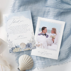 Boho Blaue Aquarell-Muscheln Strandhochzeitsfoto Dankeskarte