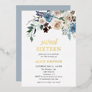 Boho Blaue Blumen Getrocknete Blätter Sweet 16 Fol Folieneinladung