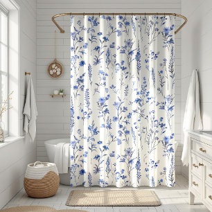 Boho Blaue und Weiße Wildblumen Duschvorhang