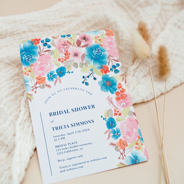 Boho-blaurosa-Brautparty Einladung (Bold Boho blue pink wild floral arch bridal shower Invitation)