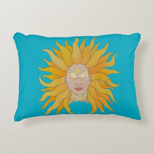 Boho bleu turquoise jaune soleil inspiré coussin (Devant)