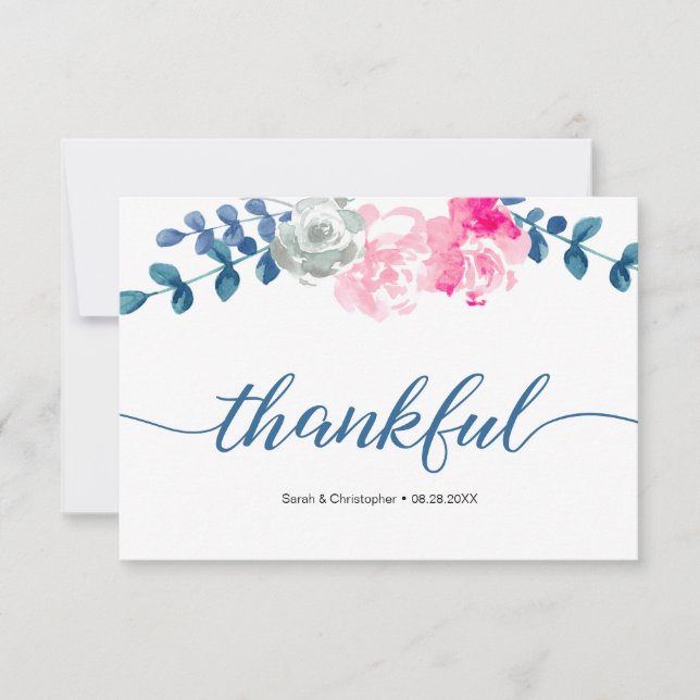 Boho Bliss: Elegante Aquarellfarben-Blume Hochzeit Dankeskarte (Vorderseite)