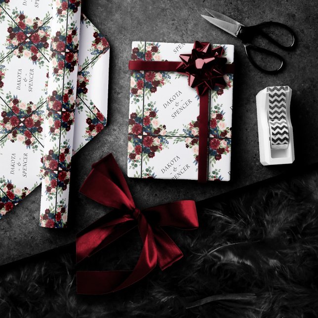 Boho Bloom | Bugundy Red and Navy Blue Custom Geschenkpapier (Von Creator hochgeladen)