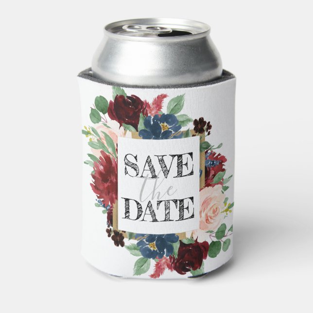 Boho Bloom | Burgund Rot und Marine Save the Date Dosenkühler (Kanne Rückseite)