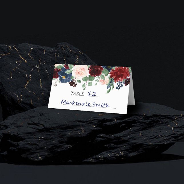 Boho Bloom | Burgund Rot und Rustikale Marinegarla Platzkarte (Von Creator hochgeladen)