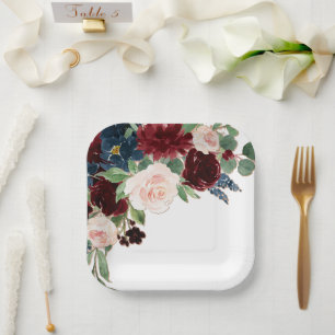 Boho Bloom   Burgund Roter Rot Roush und Navy Blau Pappteller