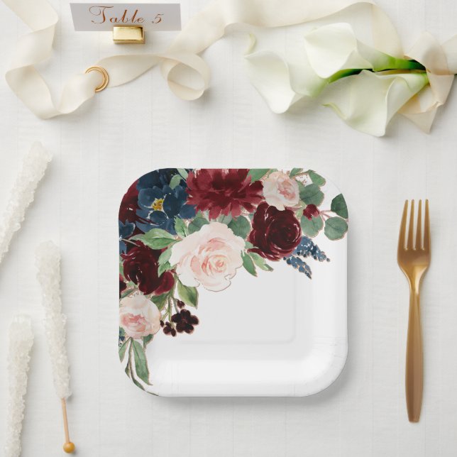 Boho Bloom | Burgund Roter Rot Roush und Navy Blau Pappteller (Hochzeit)