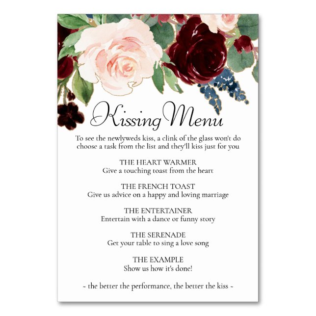 Boho Bloom | "Burgund" und "Navy Blue Kissing Menu Tischnummer (Vorderseite)