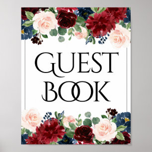 Boho Bloom Burgunderroter und Marineblauer Gäste Poster