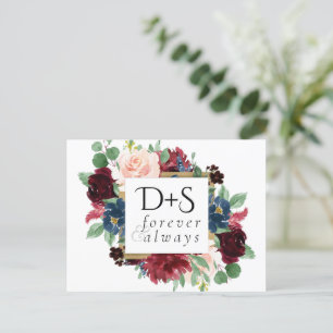 Boho Bloom   Burgundy Navy Monogram Save the Date Ankündigungspostkarte