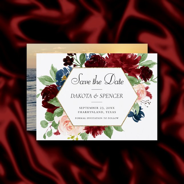Boho Bloom | Burgundy Red and Blue Date Change Save The Date (Von Creator hochgeladen)