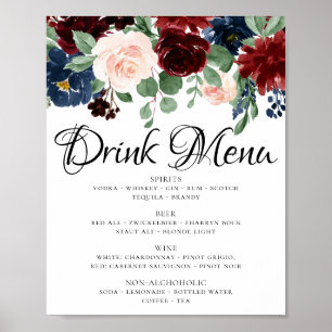 Boho Bloom Burgundy Red and Navy Blue Drink Menu Poster