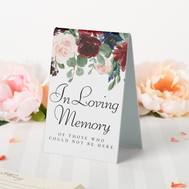 Boho Bloom | Burgundy Red and Navy Blue Memorial Tischaufsteller (In Situ (Hochzeit))