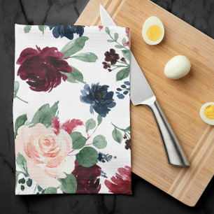 Boho Bloom   Burgundy Red and Navy Blue Pattern Geschirrtuch