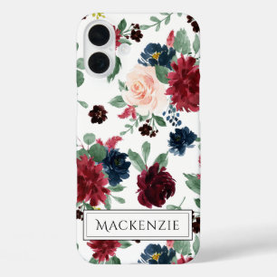 Boho Bloom   Burgundy Red Blush Navy Blue Monogram iPhone 16 Plus Hülle