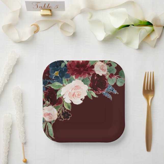 Boho Bloom | Dark Burgundy and Navy Blue Bouquet Pappteller (Hochzeit)