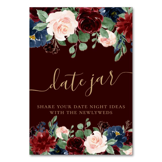 Boho Bloom | Dunkler Burgund und Marine Blue Date  Tischnummer (Vorderseite)