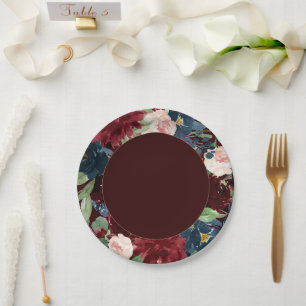 Boho Bloom   Dunkler Eleganter Roter Blush und Nav Pappteller