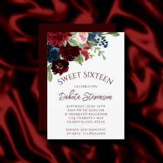 Boho Bloom | Elegant Burgund Rote Flora Sweet 16 Einladung