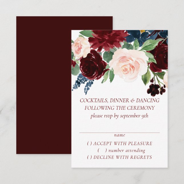 Boho Bloom | Elegant Burgundy Red and Navy Blue RSVP Karte (Vorne/Hinten)