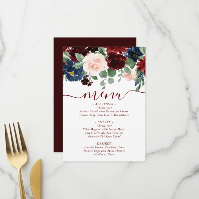 Boho Bloom | Elegant Marsala Rot und Rot Rosa Menükarte (Vorderseite/Rückseite Beispiel)