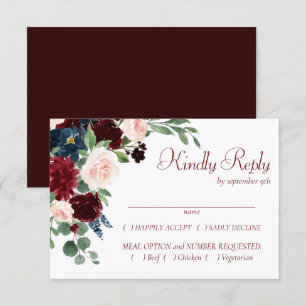 Boho Bloom Eleganter Burgund und blaues Marinebr RSVP Karte