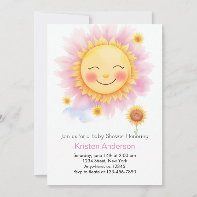 Boho Blooms and Beams Sunshine Girl Baby Dusche Einladung (Vorderseite)