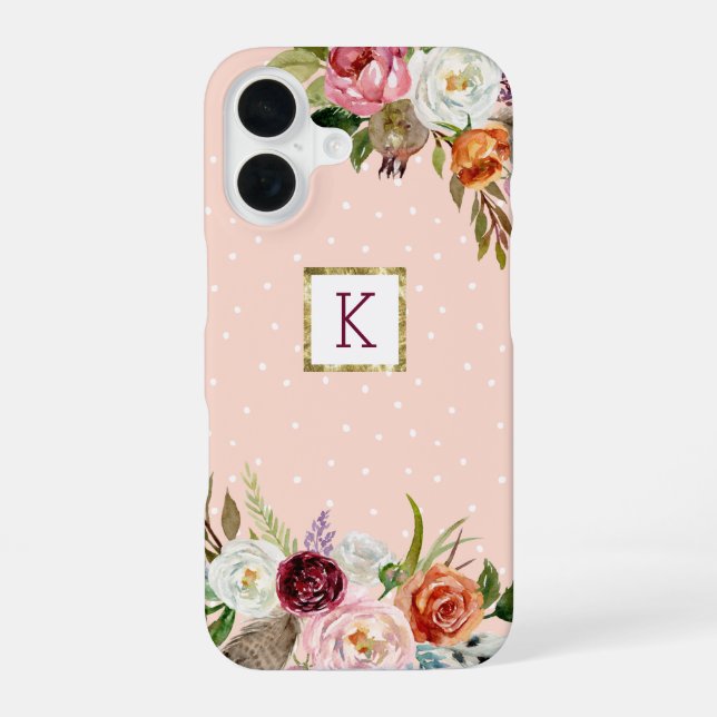 Boho Blooms Blush Punkt Monogramm iPhone 16 Hülle (Rückseite)