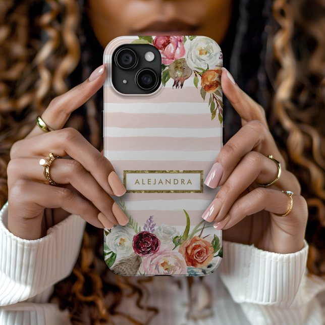 Boho Blooms Blush Stripe Monogram Case-Mate iPhone Hülle (Von Creator hochgeladen)