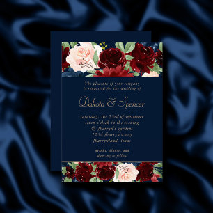 Boho Blooms   Dark Navy Blue und Burgund Garland Einladung