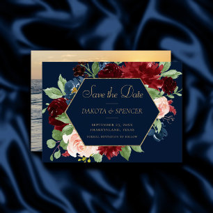 Boho Blooms   Dark Navy Blue und Burgund Red Save The Date