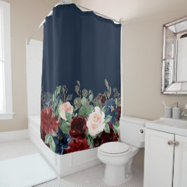 Boho Blooms | Dark Navy Blue und Burgundy Bouquet Duschvorhang