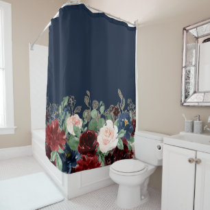 Boho Blooms   Dark Navy Blue und Burgundy Bouquet Duschvorhang