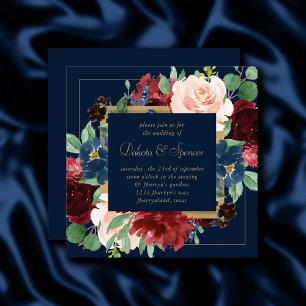 Boho Blooms Dunkles Navy Blau und Burgundkraut Einladung