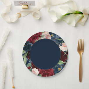 Boho Blooms   Dunkles Navy Blau und Burgundkraut Pappteller