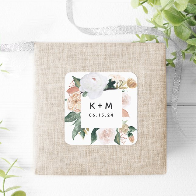 Boho Blooms Modern Floral Wedding Monogram Quadratischer Aufkleber (Von Creator hochgeladen)