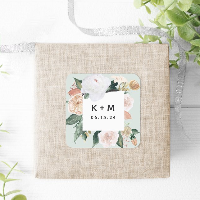 Boho Blooms Modern Floral Wedding Monogram Quadratischer Aufkleber (Von Creator hochgeladen)
