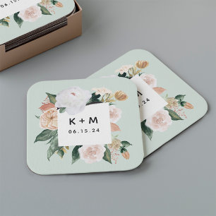 Boho Blooms Modern Floral Wedding Monogram Rechteckiger Pappuntersetzer
