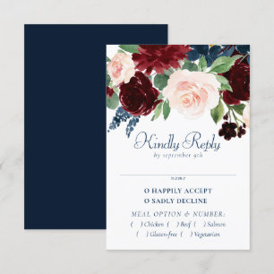 Boho Blooms   Rustikales Navy Blue und Burgund Ent RSVP Karte