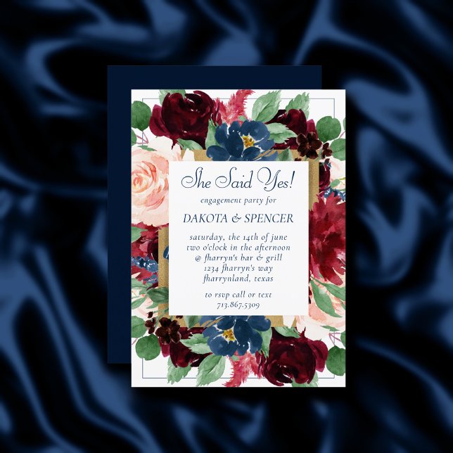 Boho Blooms | Rustikales Navy Blue und Burgund Wre Einladung (Von Creator hochgeladen)