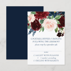 Boho Blooms   Rustikales Navy Blue und Burgund Wre RSVP Karte